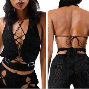 I.AM.GIA Phlox Strappy Festival Lace Up Sexy Top in Burn Out Black Sz. XXS